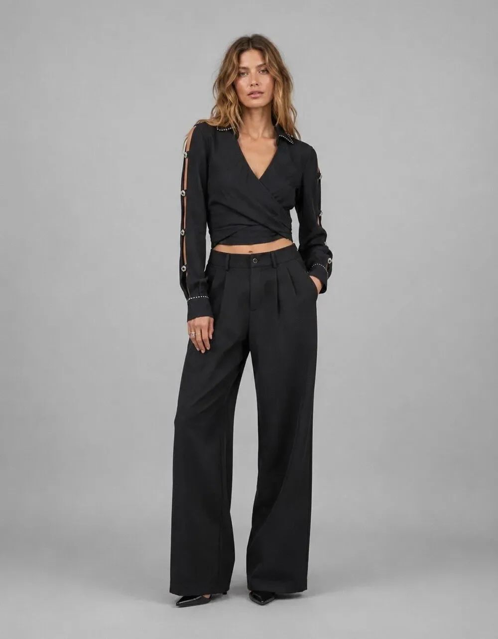 NWT Jonathan Simkhai Black Wrap Crop Top Cutout Sleeve Rhinestone Trim S (145)